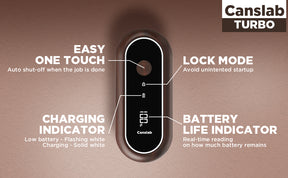 Canslab Turbo device with features labeled on a brown background